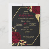 バーガンディ金ゴールドフローラブラック誕生日パーティー 招待状 (正面)