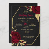 バーガンディ金ゴールドフローラブラック誕生日パーティー 招待状 (正面/裏面)