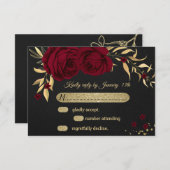 バーガンディ金ゴールドフローラブラックRSVPカード 出欠カード (正面/裏面)