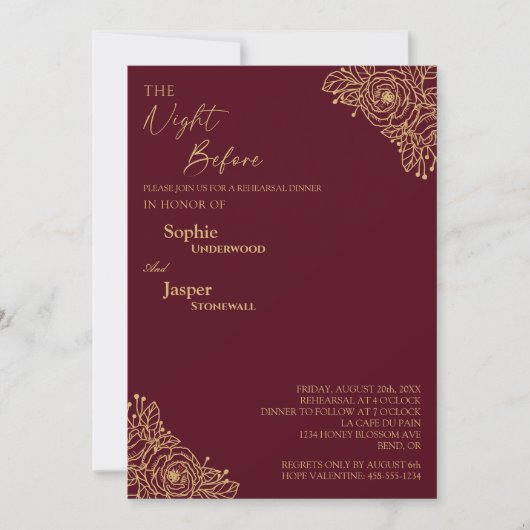 バーガンディ金ゴールドフローラ夜リハーサルディナー前 招待状 (正面)