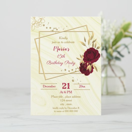 バーガンディ金ゴールドフローラ大理石誕生日パーティー 招待状 (スタンド正面)