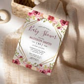 バーガンディ金ゴールドフローラ幾何学的ベビーシャワー 招待状