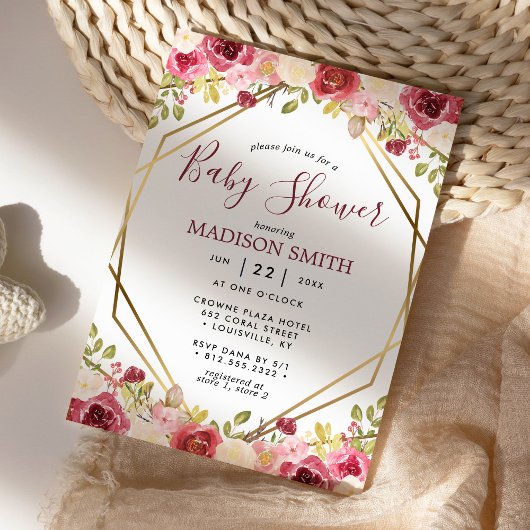 バーガンディ金ゴールドフローラ幾何学的ベビーシャワー 招待状