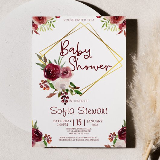 バーガンディ金ゴールドフローラ花枠赤ちゃんシャワー 招待状