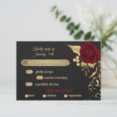 バーガンディ金ゴールドフローラ黒食選択RSVPカード 出欠カード (スタンド正面)