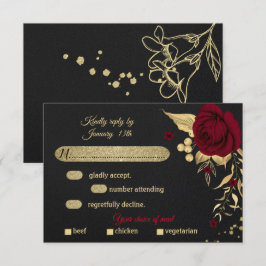 バーガンディ金ゴールドフローラ黒食選択RSVPカード 出欠カード