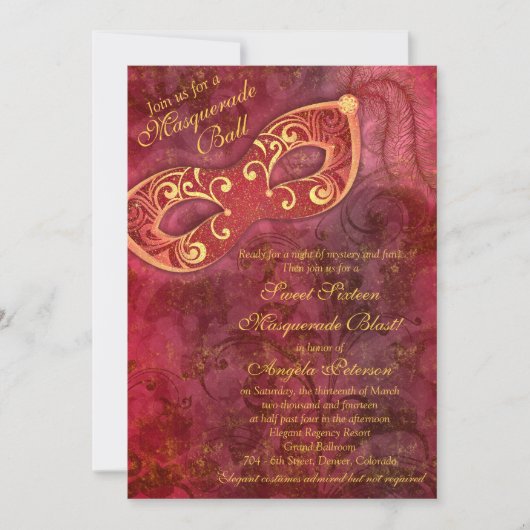 バーガンディ金ゴールドマスカレードボールスウィート16誕生日 招待状 (正面)