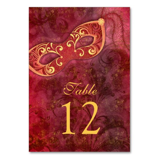 バーガンディ金ゴールドマスカレードボールマーディグ結婚ラス テーブルナンバー (正面)