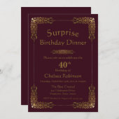 バーガンディ金ゴールドレースサプライズ40th誕生日ディナー 招待状 (正面/裏面)