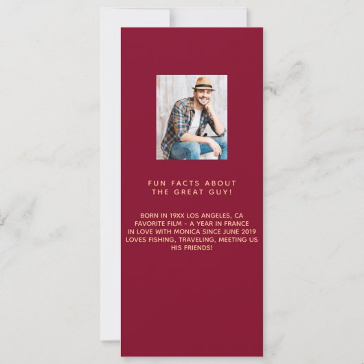 バーガンディ金ゴールド写真おもしろいファクト誕生日メニューカード 招待状 (裏面)