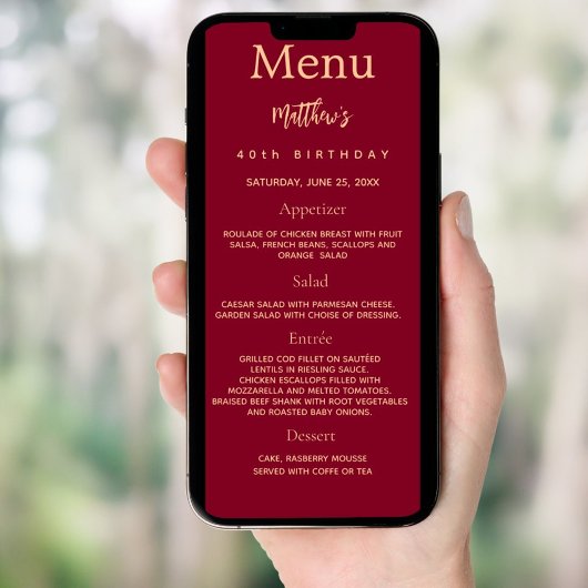 バーガンディ金ゴールド写真おもしろいファクト誕生日メニューカード 招待状