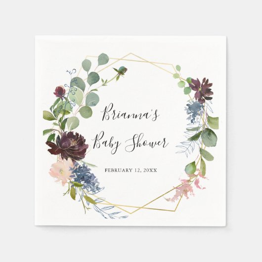 バーガンディ金ゴールド幾何学的ベビーシャワー スタンダードカクテルナプキン (正面)