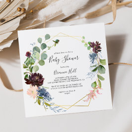 バーガンディ金ゴールド幾何学的ベビーシャワー 招待状