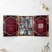 バーガンディ金ゴールド抽象芸術流体インクQRコード結婚ズ 三つ折り招待状 (内部)