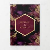 バーガンディ金ゴールド抽象芸術流体インクQRコード結婚ズ 三つ折り招待状 (カバー)