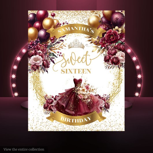 バーガンディ金ゴールド甘い16バナーとグリッターバルーン タペストリー