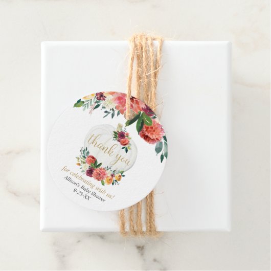 バーガンディ金ゴールド秋フローラカボチャ赤ちゃんシャワー フェイバータグ (インサイチュ)