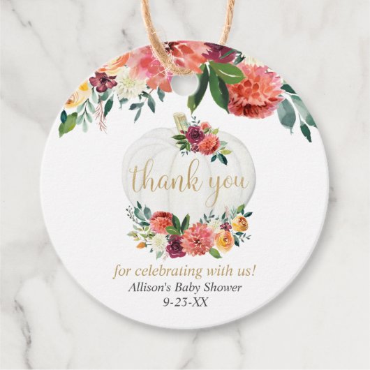 バーガンディ金ゴールド秋フローラカボチャ赤ちゃんシャワー フェイバータグ (正面)