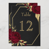バーガンディ金ゴールド花ジオメトリックブラックテーブル番号 招待状 (正面/裏面)