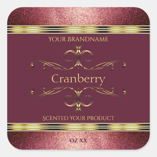バーガンディ金ゴールド製品ラベルとグリッター縁ど スクエアシール (正面)