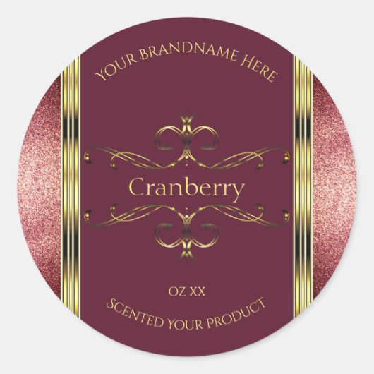 バーガンディ金ゴールド製品ラベルとグリッター縁ど ラウンドシール (正面)