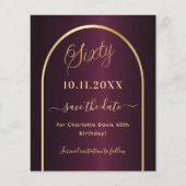 バーガンディ金ゴールド60th誕生日の予算は日付を保存 チラシ (正面)