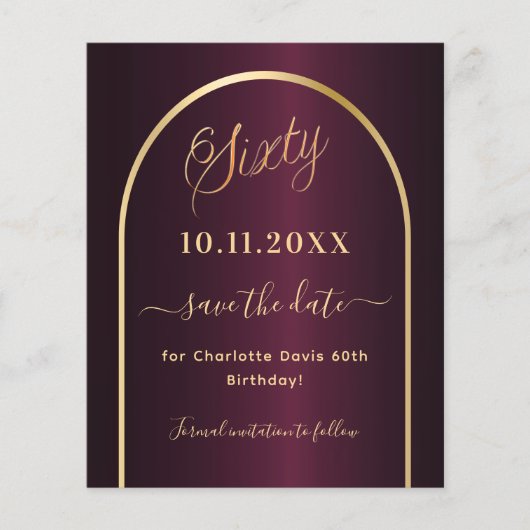バーガンディ金ゴールド60th誕生日の予算は日付を保存 チラシ (正面)