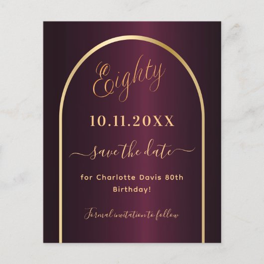 バーガンディ金ゴールド80歳の誕生日は日付カードを保存 (正面)