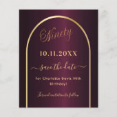 バーガンディ金ゴールド90th誕生日の予算は日付を保存 チラシ (正面)