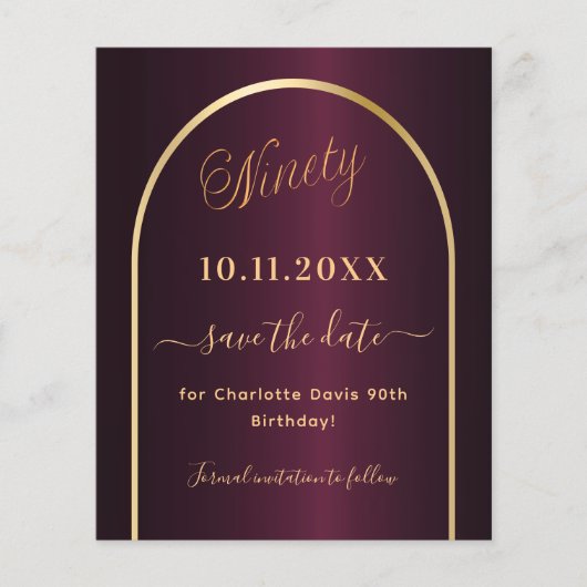 バーガンディ金ゴールド90th誕生日の予算は日付を保存 チラシ (正面)