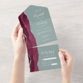 バーガンディ銀アゲートセージ結婚グリーン オールインワン招待状 (貼ってはがせる)