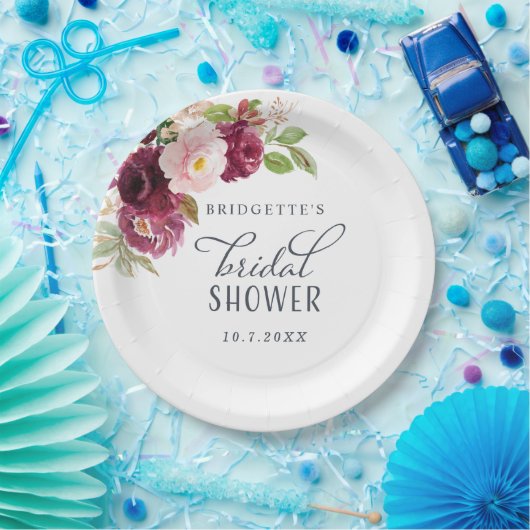 バーガンディ開花フローラブライダルシャワープレート ペーパープレート (パーティー)