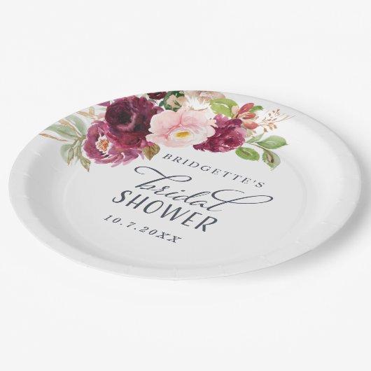 バーガンディ開花フローラブライダルシャワープレート ペーパープレート (アングル)