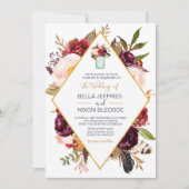 バーガンディ開花ワイン赤面フローラメイソン·ジャ結婚ーズ 招待状 (正面)