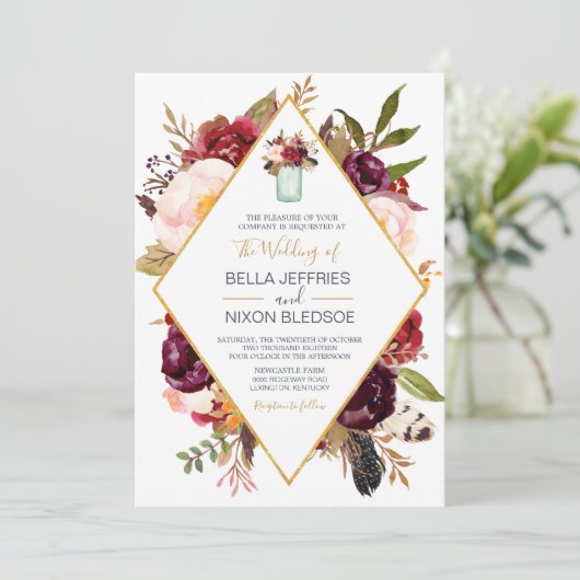 バーガンディ開花ワイン赤面フローラメイソン·ジャ結婚ーズ 招待状 (スタンド正面)