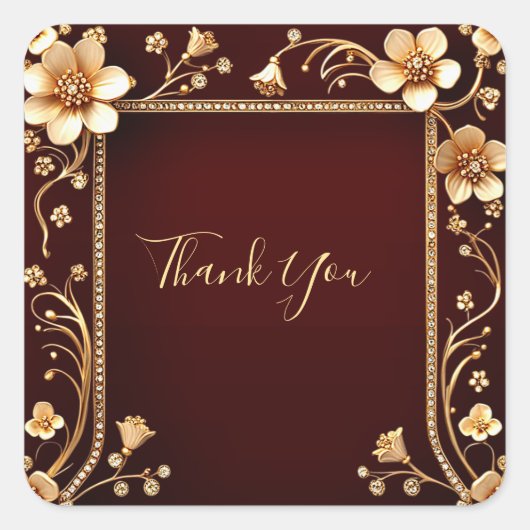 バーガンディ黄金の花ステッカー スクエアシール (正面)