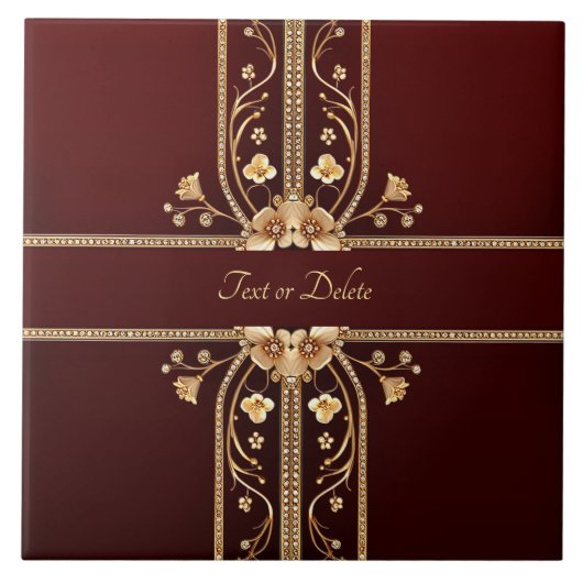 バーガンディ黄金の花セラミックタイル タイル (正面)