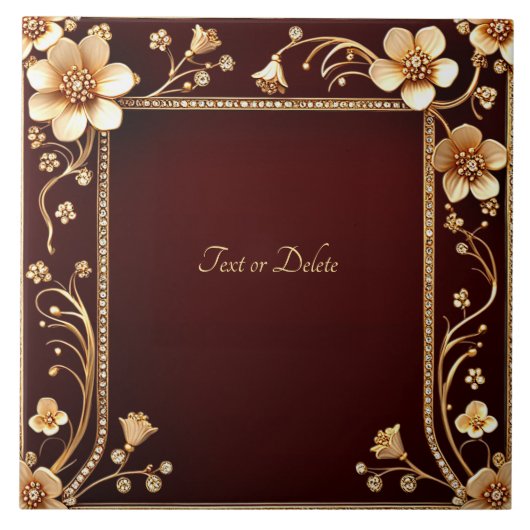 バーガンディ黄金の花セラミックタイル タイル (正面)