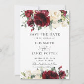 バーガンディ アイボリー フラワーの結婚式の「Save the Date」カード 招待状 (正面)