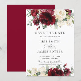 バーガンディ アイボリー フラワーの結婚式の「Save the Date」カード 招待状