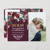 バーガンディ アイボリー フラワー アレンジメント ゴールド セーブ デート ポストカード (正面/裏面)