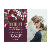 バーガンディ アイボリー フラワー アレンジメント ゴールド セーブ デート