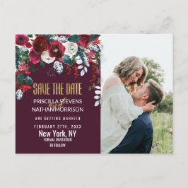 バーガンディ アイボリー フラワー アレンジメント ゴールド セーブ デート ポストカード