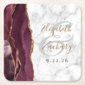 バーガンディ アゲート マーブル ゴールド スクリプト ウェディング スクエアペーパーコースター (正面)