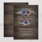 バーガンディ·アンド·ネイビー赤面·フローラ·ウッ結婚ドズ 招待状 (正面/裏面)