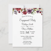 バーガンディ ウォーターカラー フローラル ゴールド フォイル 婚約 招待状 (正面)