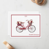 バーガンディ·ウォーターカラー·フローラ自転車モノグラム名 ノートカード (正面/裏面インサイチュ)