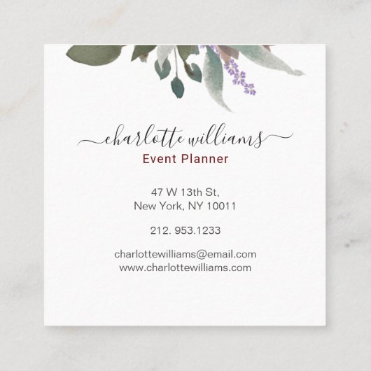 バーガンディ·ウォーターカラー·フローラ&グリーン·ユーカリプタス スクエア名刺 (裏面)