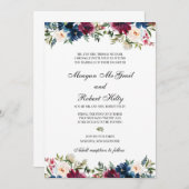 バーガンディ ウォーター カラー フローラル デザイン ウェディング インビテート 招待状 (正面/裏面)