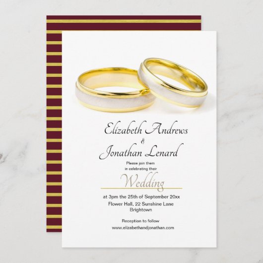 バーガンディ エレガント シンプル リング ウェディング 招待状 (正面/裏面)